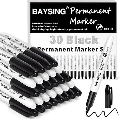 30 Pack Black Permanent Markers, Bulk Fine Point Waterproof Markers Pens, Dur...