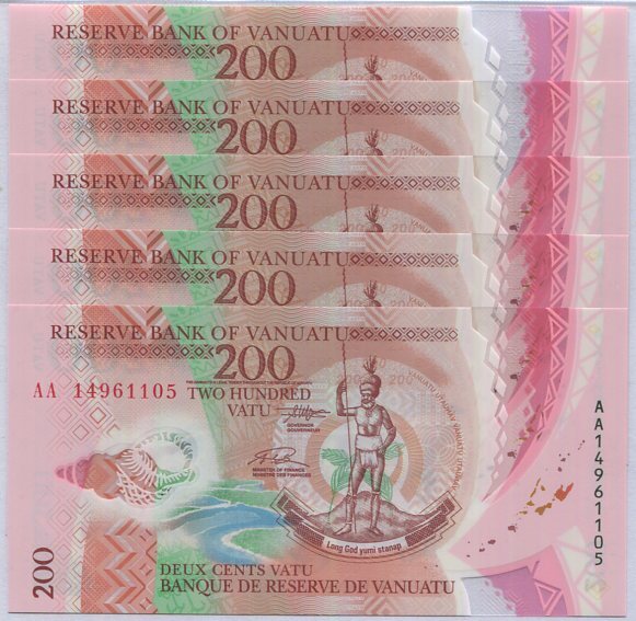 Vanuatu 200 Vatu 2014 P 12 Polymer UNC Lot 5 Pcs ,Melanesian chief