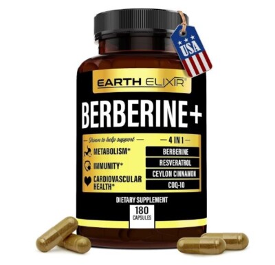 Earth Elixir 4-in-1 Berberine Supplement 1200mg (180 Caps) w/ 200mg COQ10