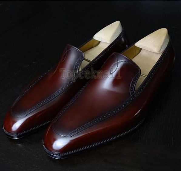 Pre-owned Handmade Men's Leather Loafers Slip On Dark Brown Dress Formal Casual Shoes-236