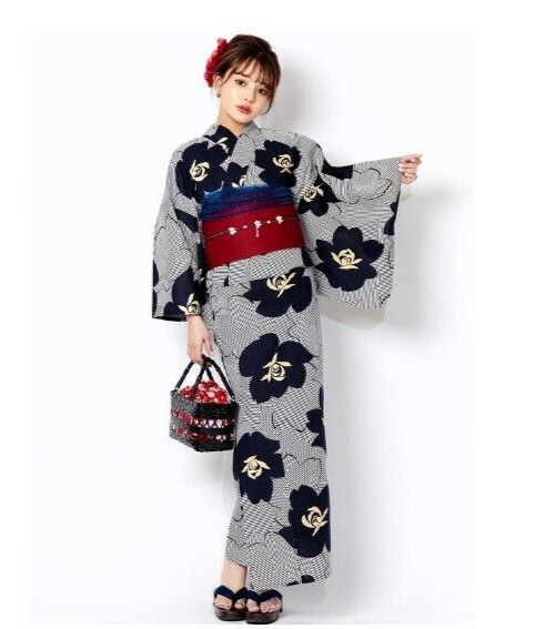 Kimono Yukata Set Grail Stripe Camellia Monotone Black