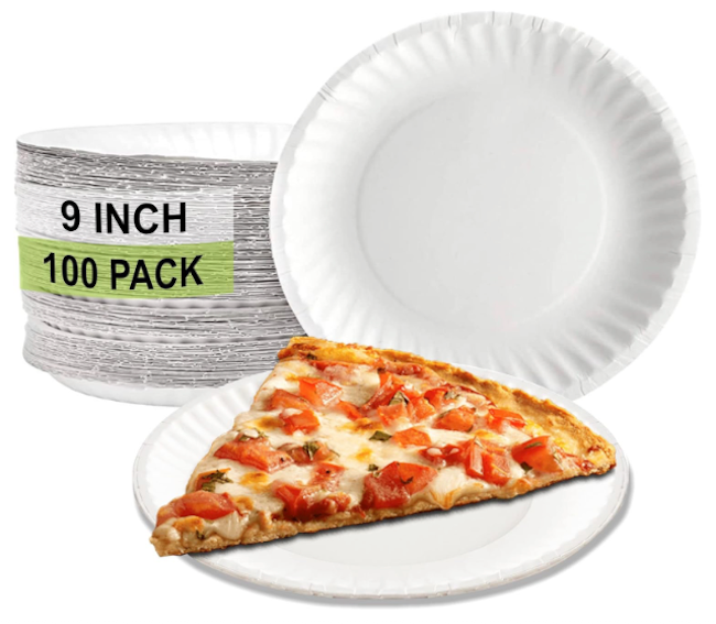 100 Pack White Uncoated Paper Plates Diameter Recyclable Microwave Safe 9