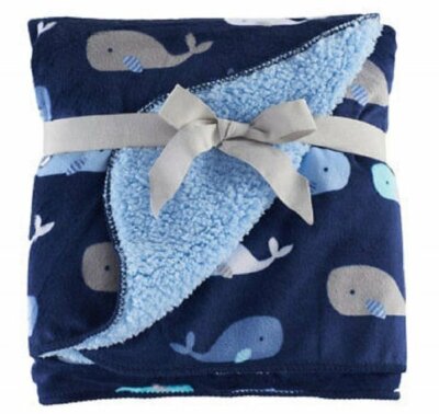 NWT Just Born Navy Blue Light Grey White Whale Velour Sherpa Baby Velboa Blanket