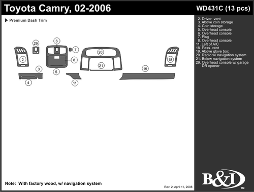 TOYOTA CAMRY 2002 2003 2004 2005 2006 DASH TRIM KIT c