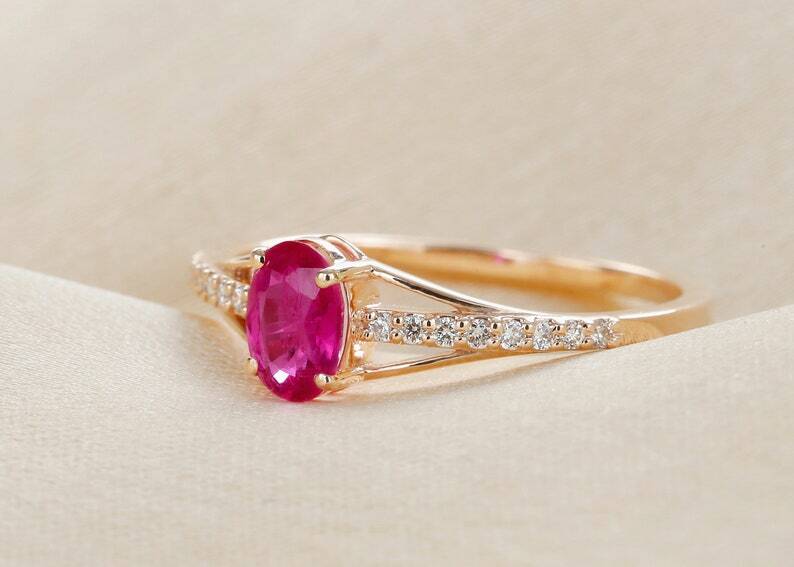 Pre-owned Handmade Ruby Engagement Ring In 14k Gold / Oval Cut Genuine Ruby With Diamond Ring In White