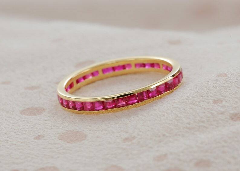 Pre-owned Handmade Ruby Full Eternity Band In Channel Setting / Vintage Stackable Gemstone Square In White