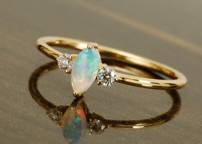 Pre-owned Handmade Opal Ring 14k Yellow Gold With Diamonds Rose Gold Natural White Australian Opal