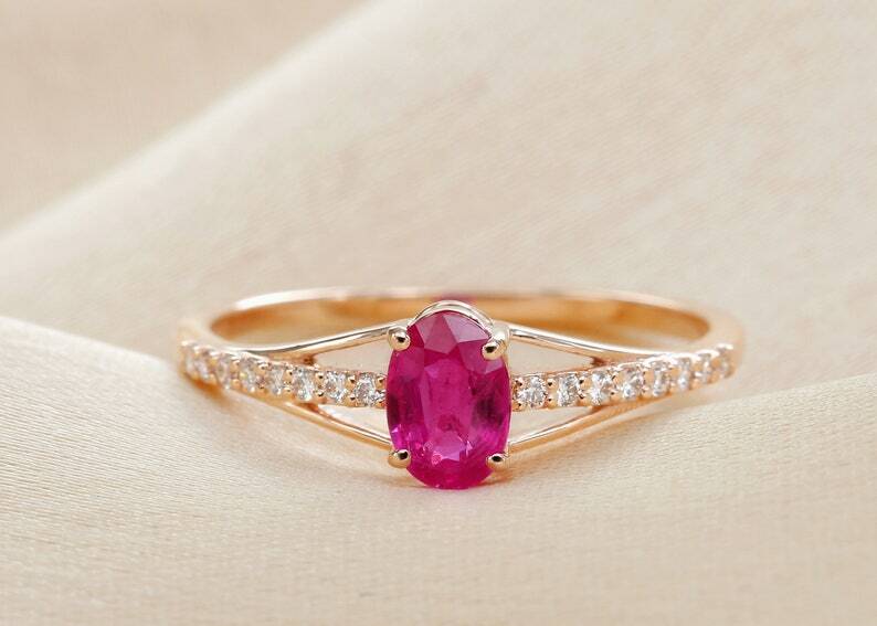 Pre-owned Handmade Ruby Engagement Ring In 14k Gold / Oval Cut Genuine Ruby With Diamond Ring In White