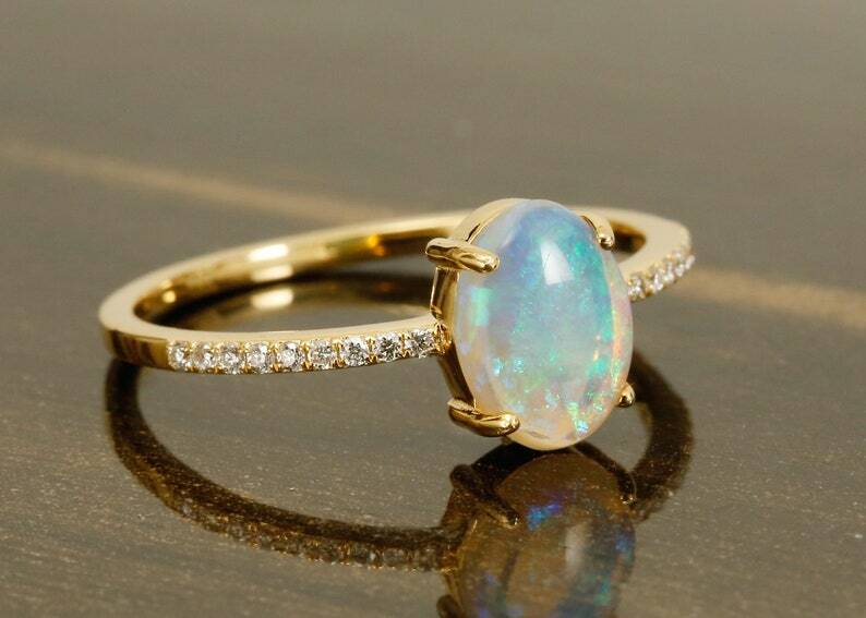 Pre-owned Handmade Opal Ring 14k Gold With Diamonds Eternity Band / Yellow Gold Natural White