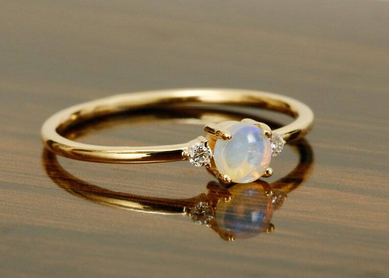 Pre-owned Handmade Opal Ring 14k Yellow Gold With Diamonds / Rose Gold Natural White Australian