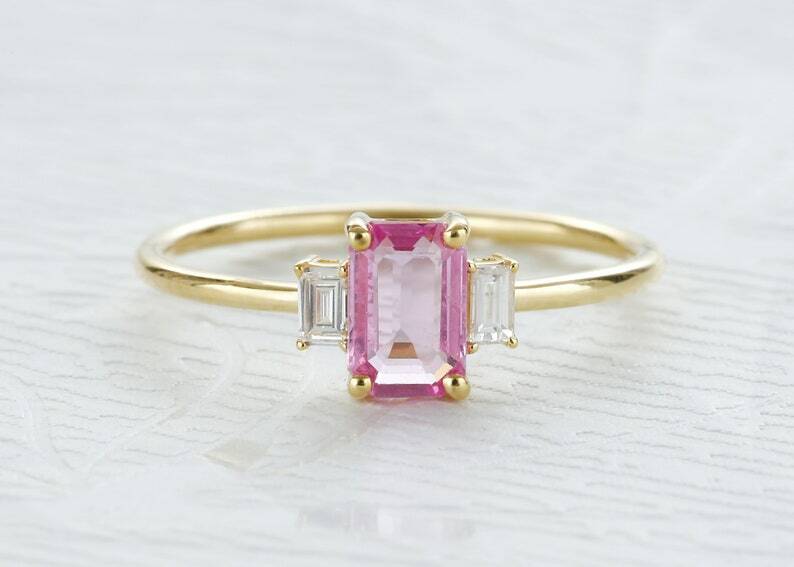 Pre-owned Handmade Pink Sapphire Baguette Diamond Ring 14k Solid Gold / Octagon Emerald Cut Pink In White