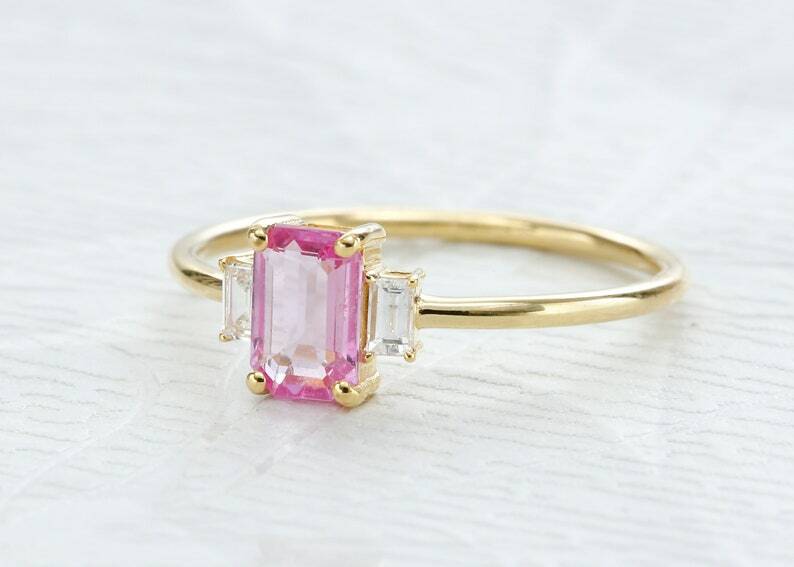 Pre-owned Handmade Pink Sapphire Baguette Diamond Ring 14k Solid Gold / Octagon Emerald Cut Pink In White