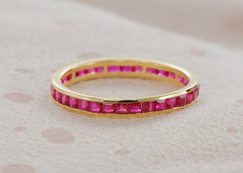 Pre-owned Handmade Ruby Full Eternity Band In Channel Setting / Vintage Stackable Gemstone Square In White