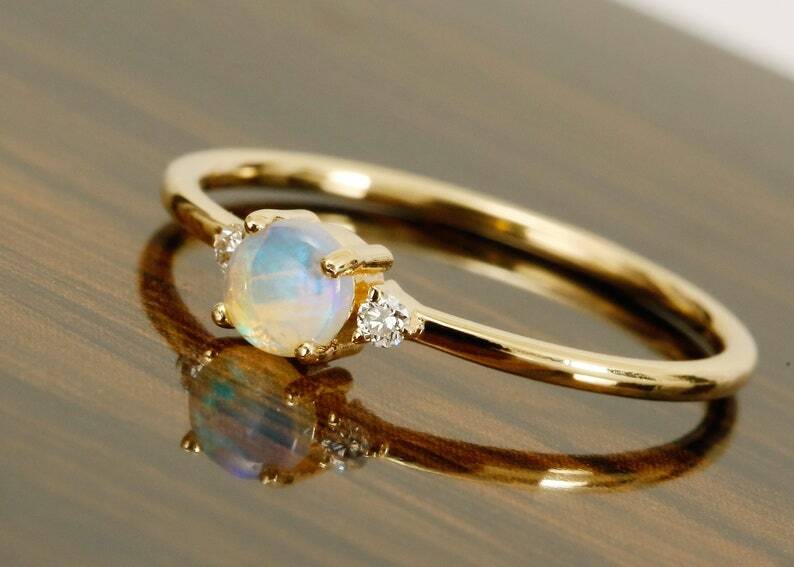 Pre-owned Handmade Opal Ring 14k Yellow Gold With Diamonds / Rose Gold Natural White Australian