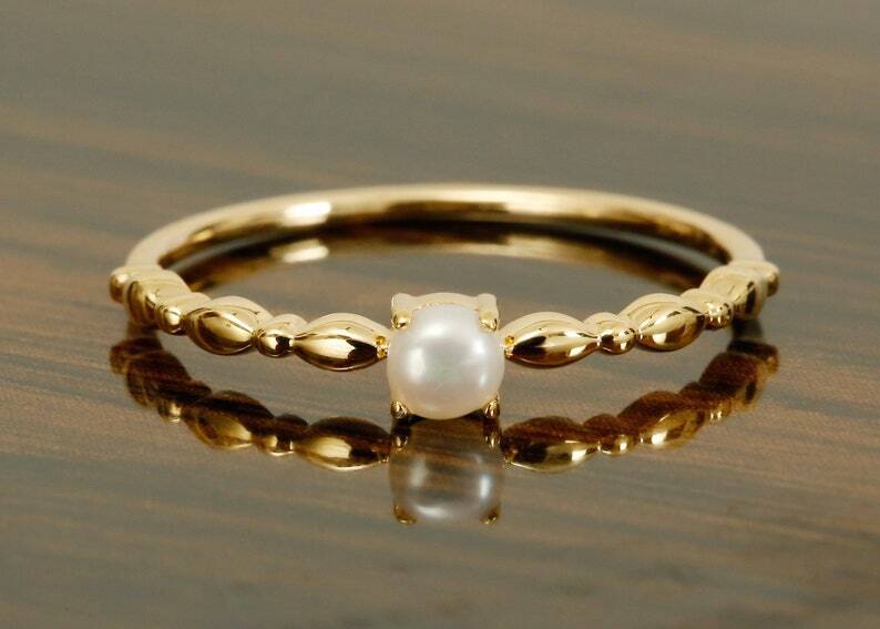 Pre-owned Handmade Pearl Ring In 14k Solid Yellow Gold / Fresh Water Pearl Art Deco June Birthstone In White