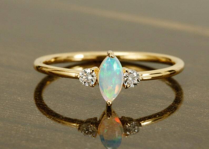 Pre-owned Handmade Opal Ring 14k Yellow Gold With Diamonds Rose Gold Natural White Australian Opal