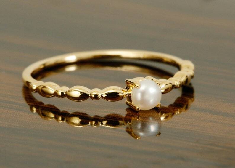 Pre-owned Handmade Pearl Ring In 14k Solid Yellow Gold / Fresh Water Pearl Art Deco June Birthstone In White