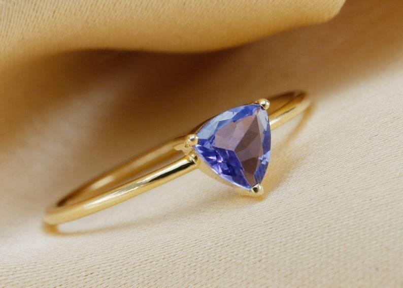 Pre-owned Handmade Trillion Cut Blue Violet Tanzanite Statement Ring Bands In 14k Yellow Gold / In White