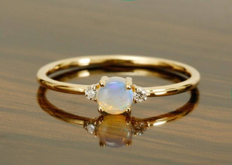 Pre-owned Handmade Opal Ring 14k Yellow Gold With Diamonds / Rose Gold Natural White Australian