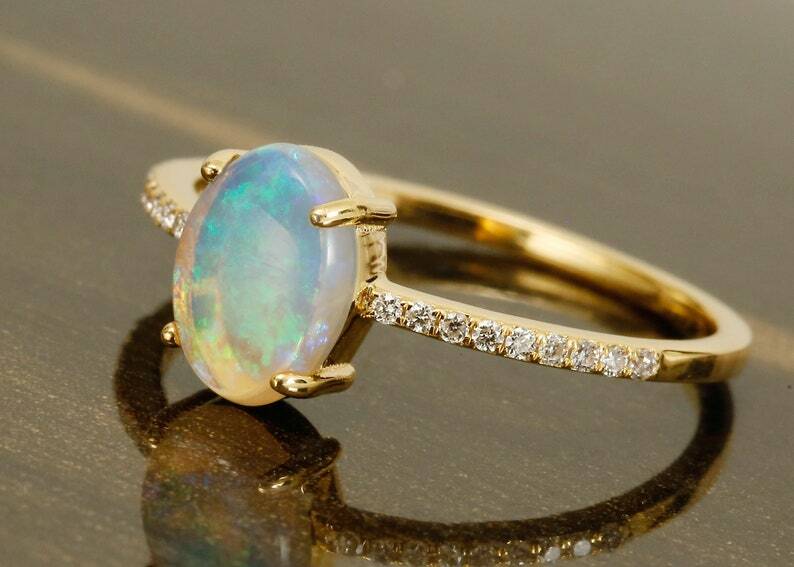 Pre-owned Handmade Opal Ring 14k Gold With Diamonds Eternity Band / Yellow Gold Natural White
