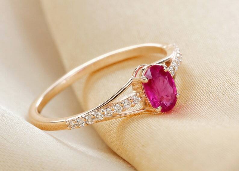 Pre-owned Handmade Ruby Engagement Ring In 14k Gold / Oval Cut Genuine Ruby With Diamond Ring In White