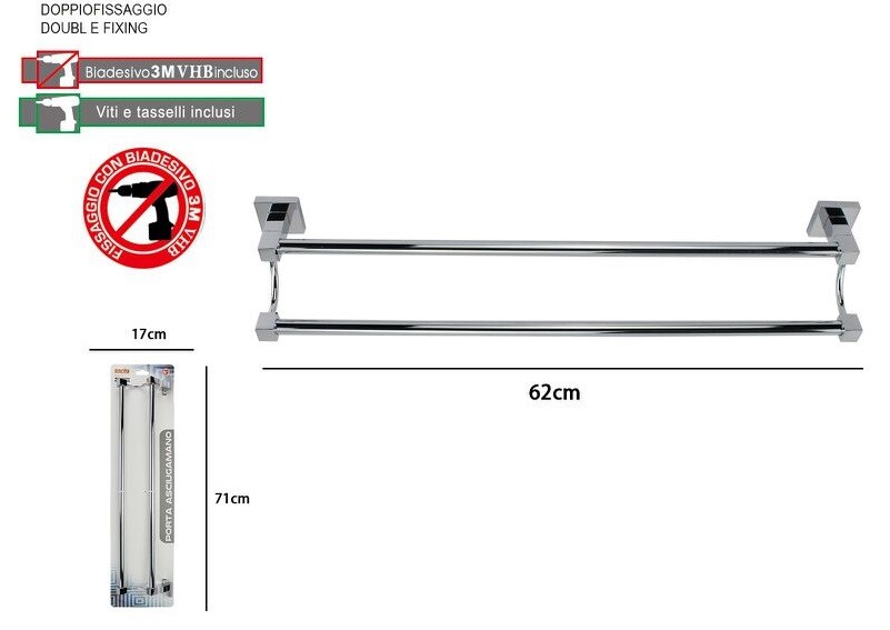 Porta Asciugamani Doppio Acciaio Bagno Fissaggio Parete 60cm Square dfh