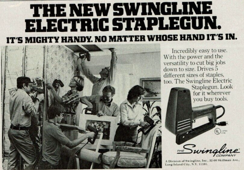 eBay listing image for 1978 Vintage Print Ad The New Swingline Electric Staplegun Mighty Hand No Matter