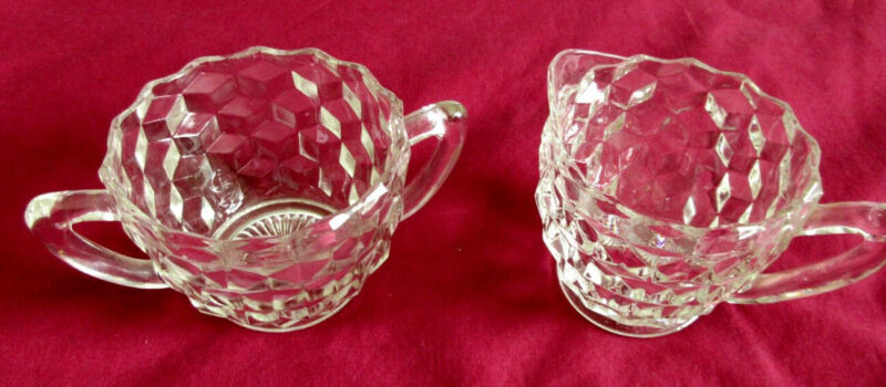 Vintage Clear Cut Pressed Glass Sugar Bowl & Creamer Set / Cubist Cube Design