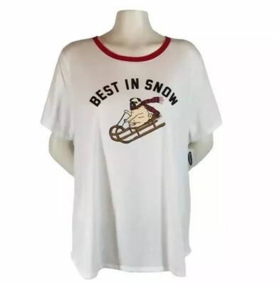 NWT Old Navy Womens - Best In Snow White Pug Tshirt Red Ringer Collar - Sz XL 