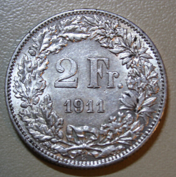 Schweiz-Suisse 2 Franken 1911-B .835 Silber Km# 21 Helvetia F#5177 Vz-Xf Rare