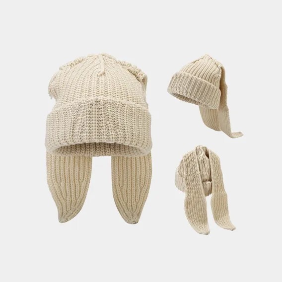 Unisex Chunky Thick Warm Stretchy Beanie Hat with bunny ears.blk,blu,crm,cor