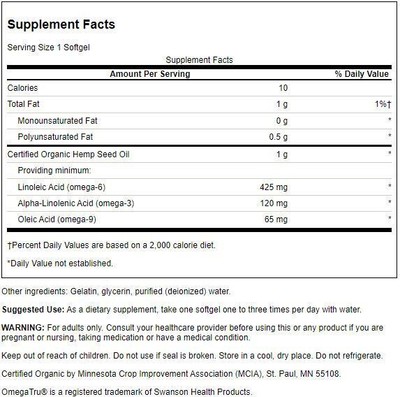 Swanson Made w/Organic Hemp Seed Oil (Omegatru) 1 G 60 Softgels