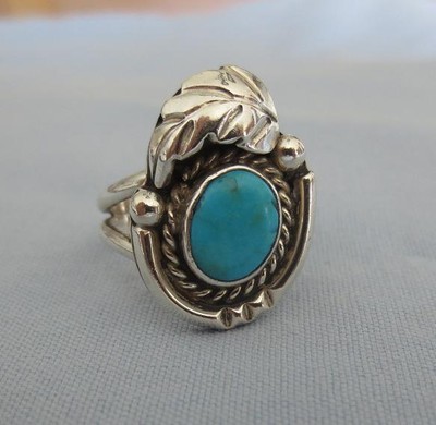 Southwestern Turquoise Stone Ring, Unmarked Silver, Signed LS, Size 6