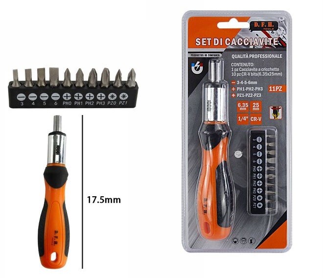 Set Kit 10in1 Cacciaviti Croce Taglio Varie Misure Fai da Te dfh