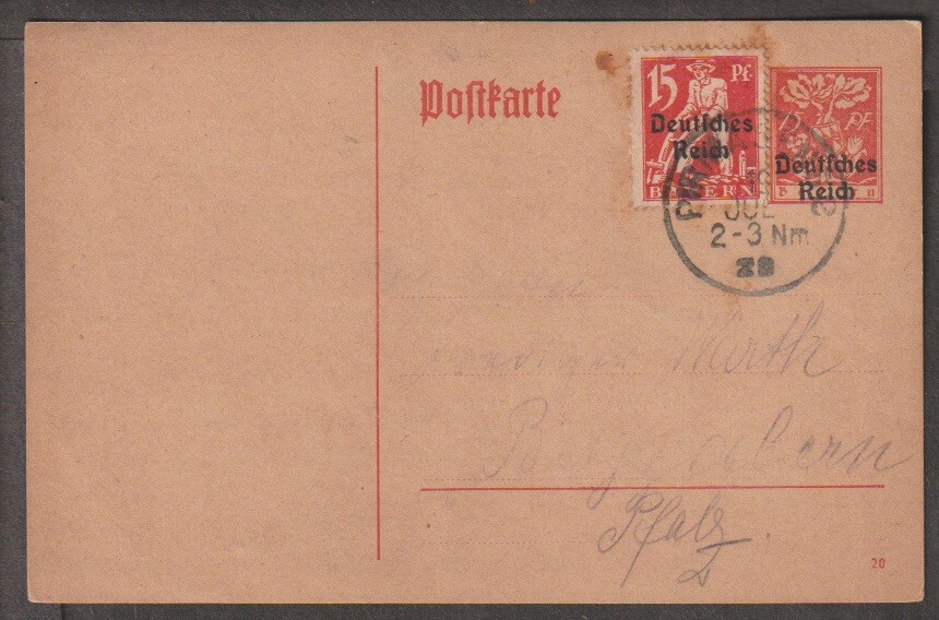 Bayern 15p + 15p flowers red overprinted Deutches Riech on postcard used 1919