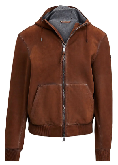 Pre-owned Polo Ralph Lauren Mens Henson Hooded Suede Leather Nubuck Bomber Zip Jacket In Brown