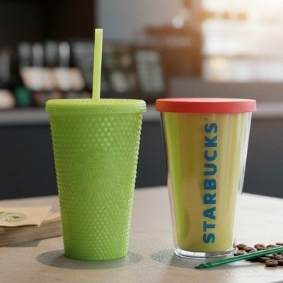 Starbucks Cold Cups, Set of 2, Green & Neon Yellow Reusable Tumblers