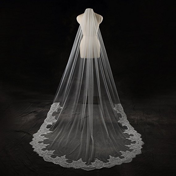 Wedding Veil-Single Tier Cathedral Lace-108 inches with Metal Comb-White