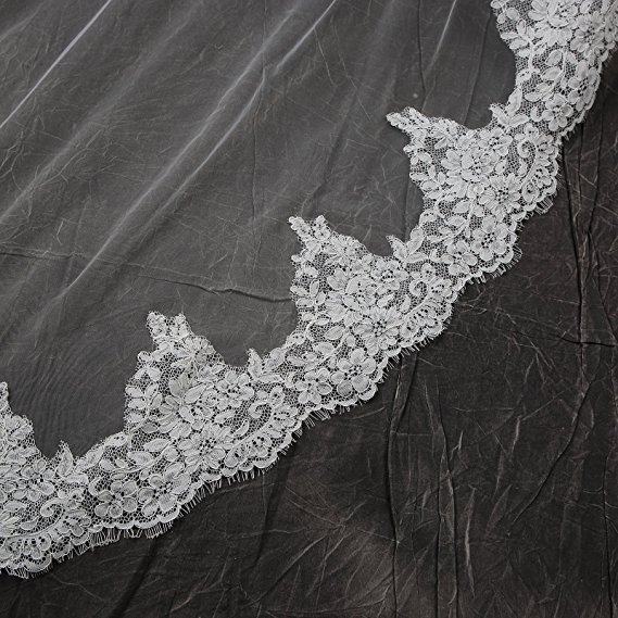 Wedding Veil-Single Tier Cathedral Lace-108 inches with Metal Comb-White