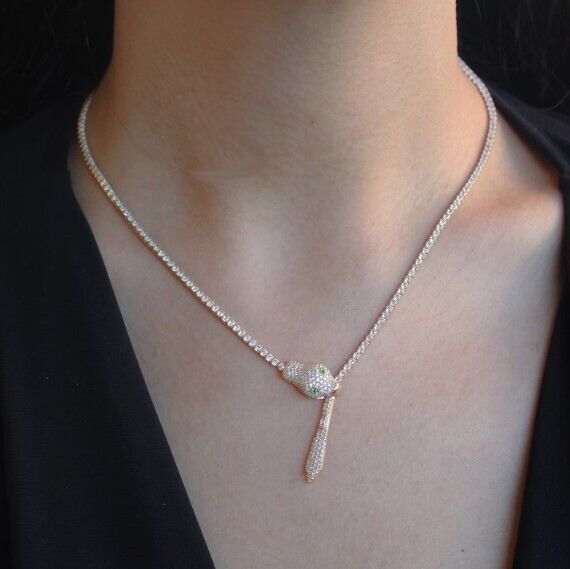 Pre-owned Nsg 18"4mm Simulated Diamond Women's Dainty Snake Tennis Wedding Necklace 925 Silver In Yellow