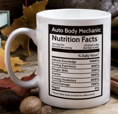 Auto Body Car Mechanic Nutrition Facts Coffee Mug Funny Gift for Coworker Boss