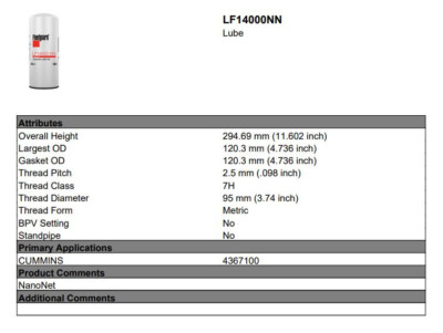 New Genuine Cummins Fleetguard LF14000NN Oil Filter Cummins 4367100