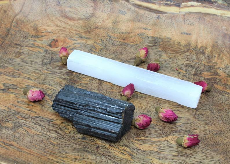 Black Tourmaline Chunk and 1 Selenite Stick 5", High Grade, Selenite Crystal