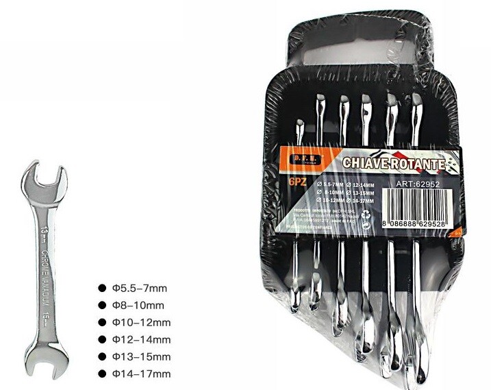 Confezione 6 Pezzi Chiave Inglese Combinata Doppia Anello Varie Misure dfh