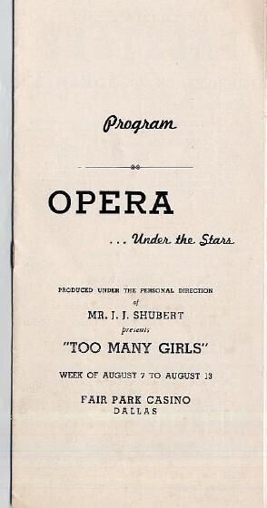 Opera Under the Stars TOO MANY GIRLS Program Fair Park Casino Dallas 1940