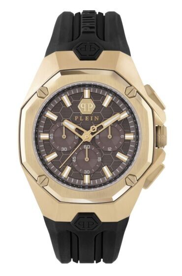 Pre-owned Philipp Plein Octagon (pwtba0423) Men's Gold/black Chronograph Quartz Watch
