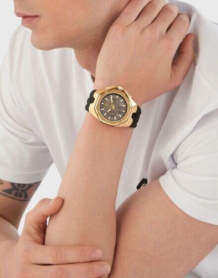 Pre-owned Philipp Plein Octagon (pwtba0423) Men's Gold/black Chronograph Quartz Watch