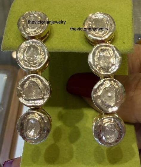 Natural Polki Diamond Handmade Dangle Earrings Victorian Fine Jewelry For Her