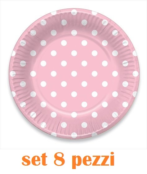 Set 8 Pezzi Piatti 23cm Rosa Pois Bianchi In Carta Feste Compleanni Eventi dfh