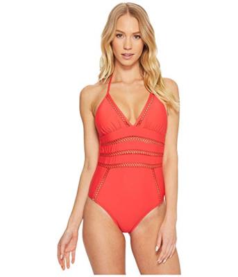 NWT Ella Moss Crafty V Neck Halter One-Piece Swimsuit Women's size M Red  